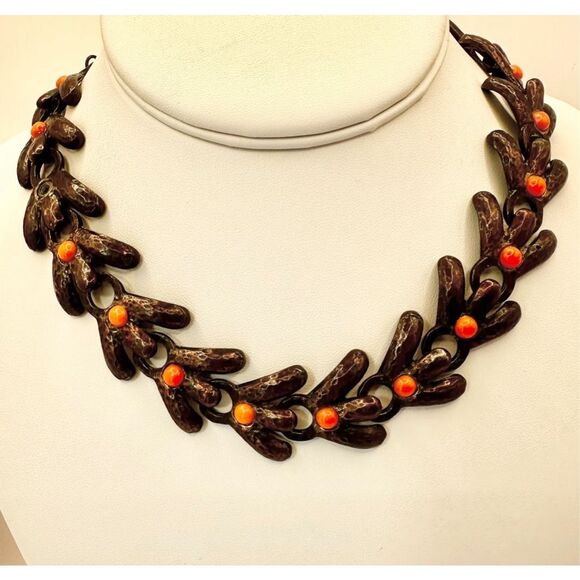 Vintage Rebajes Heavy Mid-Century Modern Copper orange beaded Choker Necklace - Picture 7 of 12